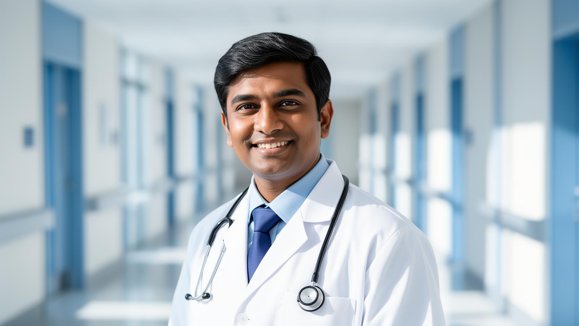 Indian doctor in a modern hospital welcoming international patients